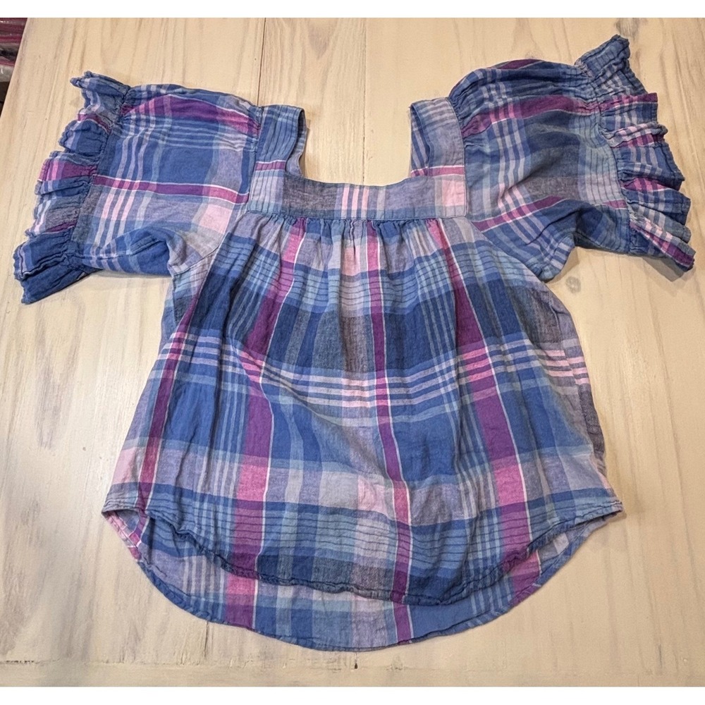 Beach Lunch Lounge Blue Purple Plaid Linen Cotton Square Neck Ruffle Top Large - Picture 10 of 13